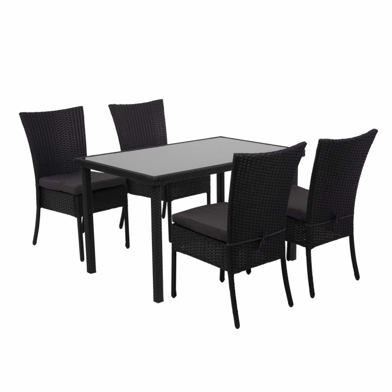 4x Stolička a stola HWC-G19, polyratan, 120x75cm - čierna, vankúše tmavosivá