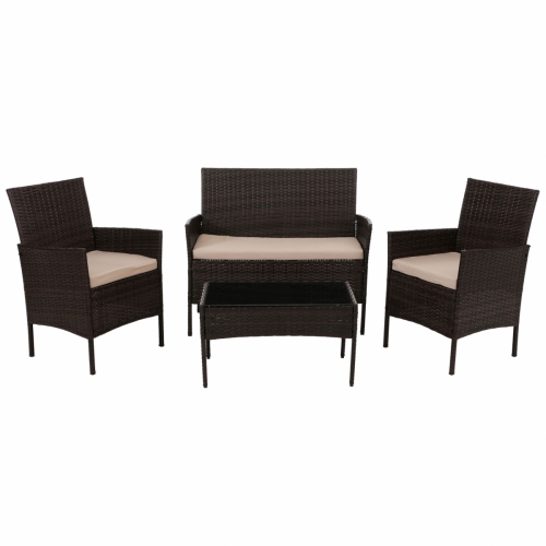 Záhradná súprava 2 kresiel, pohovky a stolíka HWC-N98 - hnedá, vankúš krémová