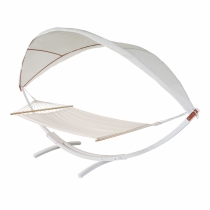 Hojdacia sieť HWC-J47 so strieškou pre 2 osoby, drevo, 420cm - biela, krémovo-biela